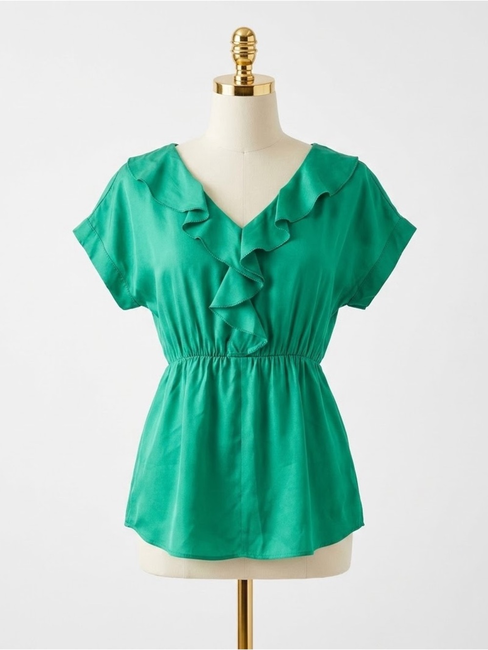 Anthropologie Vanessa Virginia Emerald Ruffle Vneck Blouse Cinched Waist Small